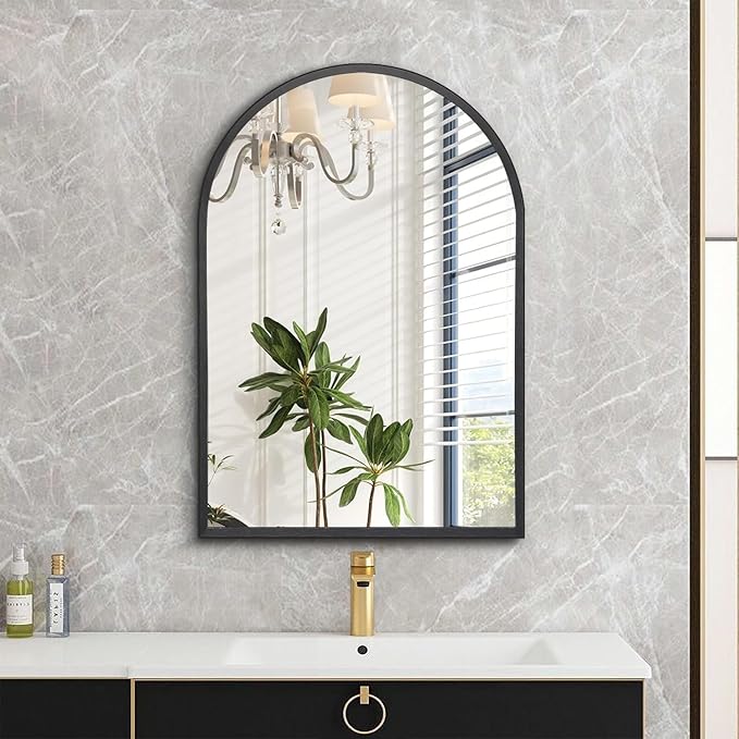 Arched Wall Mirror, 26"x18" Black Arch Mirror, Metal Frame Black Bathroom Mirror, Arched Vanity Mirror for Living Room Bedroom Mantel Entryway
