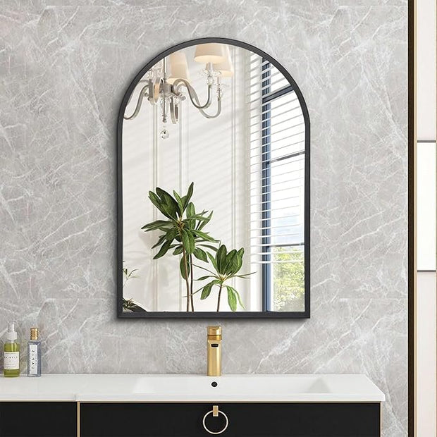 Arched Wall Mirror, 26"x18" Black Arch Mirror, Metal Frame Black Bathroom Mirror, Arched Vanity Mirror for Living Room Bedroom Mantel Entryway