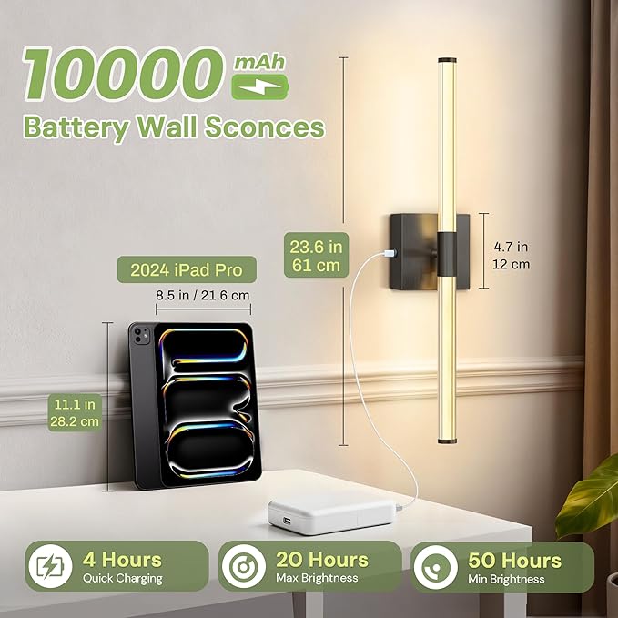 L LOHAS LED Battery Operated Wall Sconces Set of 2, 10000mAh Black Battery Wall Sconce 360 Full Lighting, 3000K Dimmable Wireless Wall Light, Sconce Wall Decor for Bathroom, Bedroom, Living Room, 24in