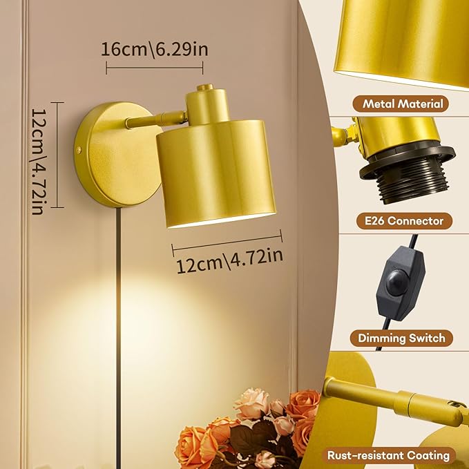 Lightess Plug in Wall Sconce with Switch, Dimmable Wall Lamp Plug in 350° Rotatable, Gold Wall Mounted Light for Restaurants Living Room Bedroom Stairway((Bulb Not Included)