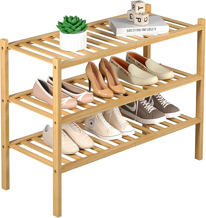 3 Tier Bamboo Shoe Rack for Closet Free Standing Wood Shoe Shelf Storage Organizer for Entryway Small Space Stackable 27