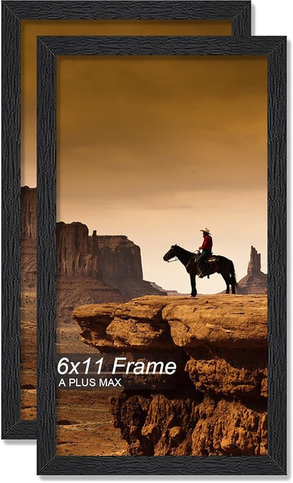 A PLUS MAX 6x11 Picture Frame Set of 2, Black Engineered Wood Frame for 6 x 11 Inch Picture Poster Photo, Light Weight 6 by 11 Frame with Wood-grain for Wall - 2 Pack/Black/6"x11"