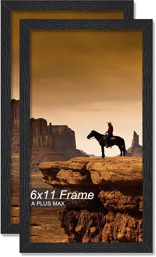 A PLUS MAX 6x11 Picture Frame Set of 2, Black Engineered Wood Frame for 6 x 11 Inch Picture Poster Photo, Light Weight 6 by 11 Frame with Wood-grain for Wall - 2 Pack/Black/6"x11"