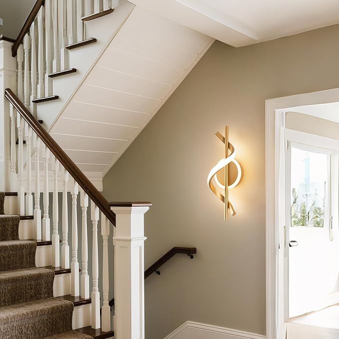 LED Wall Sconces Indoor, 12W LED Wall Mount Lights, Modern Spiral Wall Lamp, 3000K Wall Light Fixture for Stairs, Living Room, Bedroom, Aisle, Hallway (Warm White, Gold)