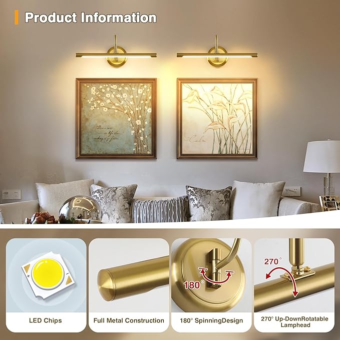 Modern LED Picture Light Hardwired, 16.5 Inch Dimmable Gallery Art Light with 270° Rotatable Lamp Head, Brass Wall Sconce for Paintings Display, 3000K Warm White, Metal Swing Arm Art Lamp for Mirror