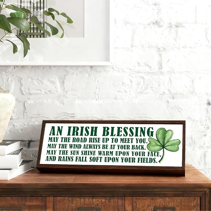 Irish Blessing Wood Sign, Shamrock Decor Sign, Framed Wooden Wall Plaque, Rustic Tabletop Decors, St Patricks Day Decor for Home Office Bedroom, Irish Gift for Women Men, 9.5x3.1x1 inches