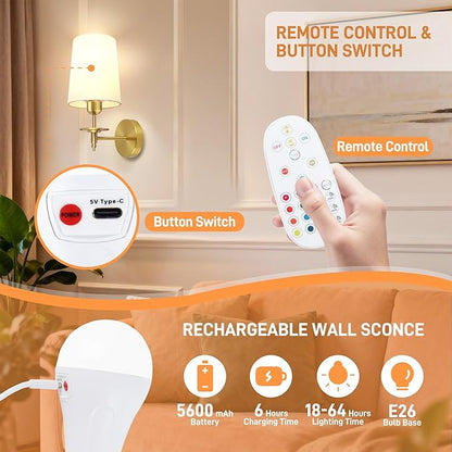 Battery Operated Wall Sconces Set of Two, Wireless Wall Sconces with Remote Control, 3CCT Dimmable Rechargeable Wall Lights, Gold Wall Lamps for Bedroom, Living Room, RGB Bulbs Included, ETL Listed
