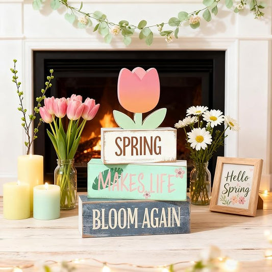 Spring Decoration For Home Wooden Tulip Tiered Tray Decor Spring Block Sign with Floral Farmhouse Tabletop Spring Decor Centerpiece for Tables Seasonal Home Easter Decor