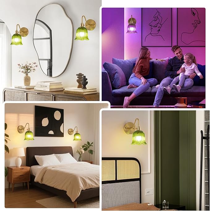 Vintage Battery Operated Wall Sconces Set of Two, RGB Dimmable LED Wall Light with Remote Control, Green Glass Lampshade Wall lamp with 15 Colors for Bedroom, Living Room, Home Decor