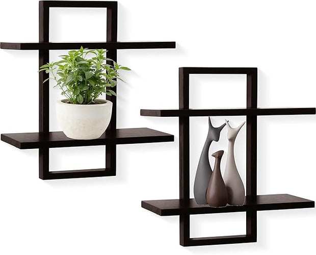 PHOENANCEE Floating Shelves for Wall,Display Hanging Shelf Set of 2,Modern Decorative Plants Shelves,Wood Home Decor Storage Chic for Living Room Bedroom Bathroom Office,Oak Frame,2-Tier (Walnut