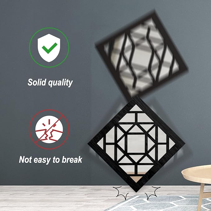 2 PCS Square Wall Mirror,Rustic Farmhouse Wall Mirrors,12 inch Small Mirror Art (style1 Black)