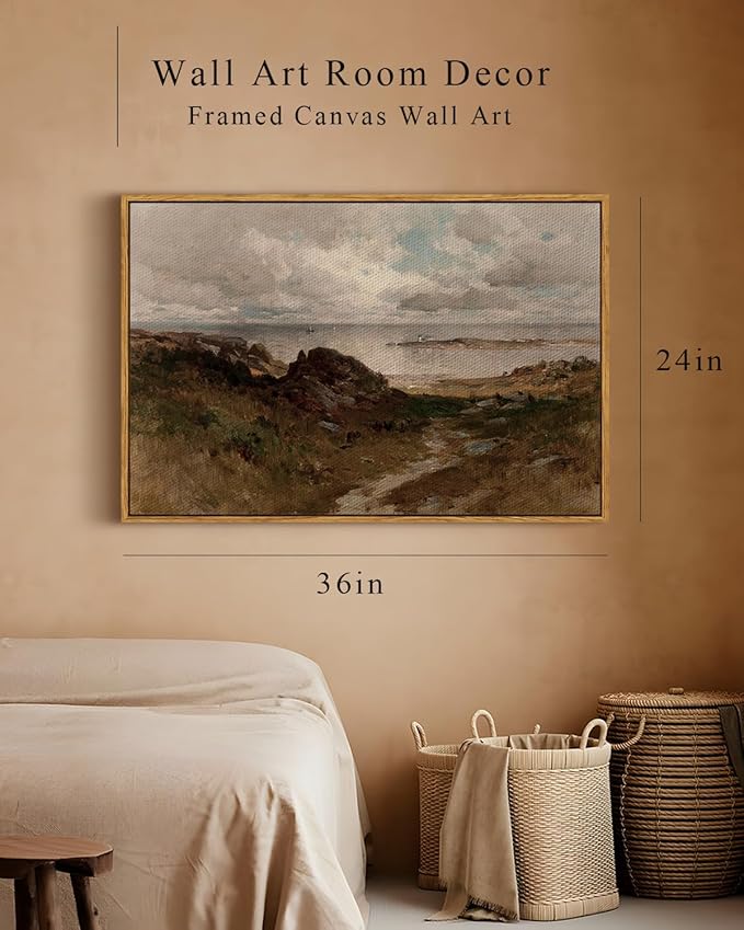 InSimSea Framed Canvas Wall Art Vintage Decor, Seaside Path Wilderness Landscape Paintings Artwork, Large Prints, Retro Wall Decorations for Living Room Bedroom Bathroom, 24