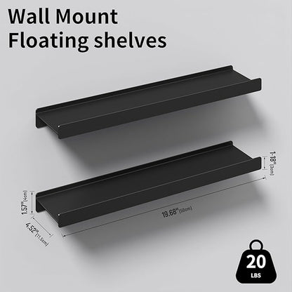 Floating Shelves for Wall, Wall Mounted Shelves with Lip for Storage, Metal Display Shelves for Home Decor, Kitchen/Living Room/Bedroom/Bathroom Shelf, Black 20 inch 2 Pack