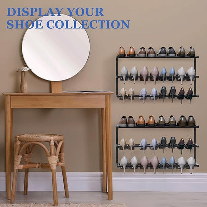 4 Pack Wall Mounted Shoe Rack, 3 Tier Hanging Shoe Rack Holds 48 Pairs, 17"-30"Adjustable Heavy Duty Metal Shoe Organizer Holder with 8 Storage Hooks, Space Saving for Closet Entryway Doorway（Black)