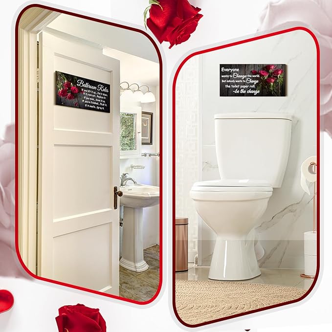 Jetec 2 Pieces Funny Bathroom Signs Bathroom Wall Decor Toilet Wall Accessories Farmhouse Toilet Rustic Wooden Signs, 12x6 Inch(Rose Style)