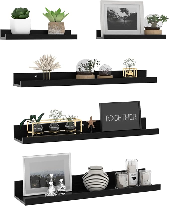 Giftgarden 24 Inch Wall Mounted Floating Shelves Set of 5, Black Wood Wall Shelves for Bathroom, Bedroom, Kitchen, Living Room Storage, Wooden Picture Ledge