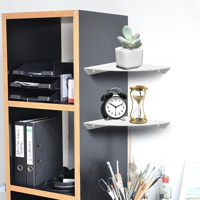 Cosmos 2 Pcs Acrylic Wall Mount Floating Corner Shelves Quarter Round Shower Shelf Hanging Corner Shelves Wall Storage Display Organizer for Bathroom Kitchen Bedroom Living Room (Solid White)