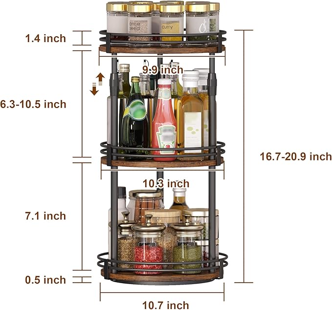 Lazy-Susan-Organizer-Spice-Rack, 3-Tier Rotating Spice Organizer For Kitchen-Cabinet-Countertop-Pantry, Turntable Seasoning Holder Storage Shelf With Adjustable Height