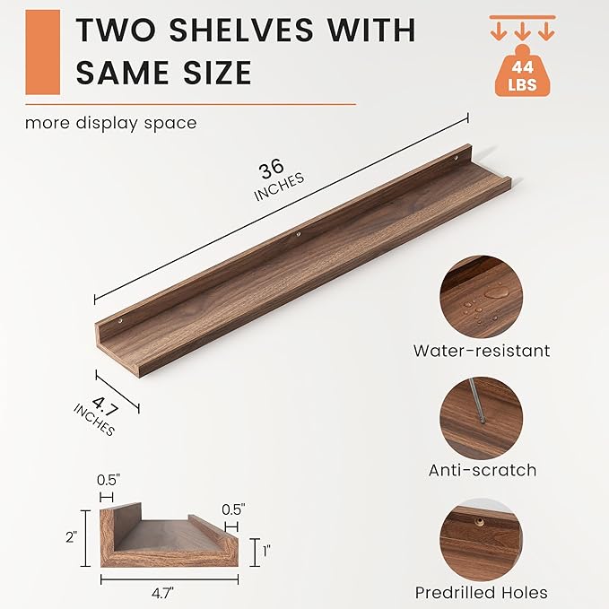 Picture Ledge Shelf, Floating Shelves Set of 2, 36 Inches Nursery Book Shelves for Toys Storage, Kids Bookshelf Wall Mounted for Living Room Bedroom Decor Books Photo Frames, Walnut
