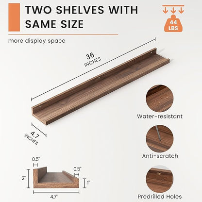 Picture Ledge Shelf, Floating Shelves Set of 2, 36 Inches Nursery Book Shelves for Toys Storage, Kids Bookshelf Wall Mounted for Living Room Bedroom Decor Books Photo Frames, Walnut