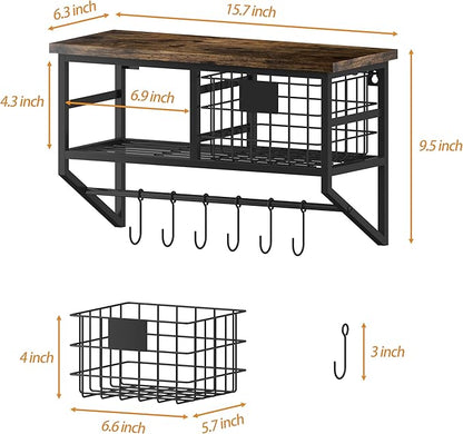 Helsin Industrial Wall Mounted Metal Wood Floating Shelves with Baskets Hooks Hanging Display Shelf Sundries Holder for Coffee Bar Kitchen Bathroom Organization and Home Decor, Black (16inch, 2 Sets)