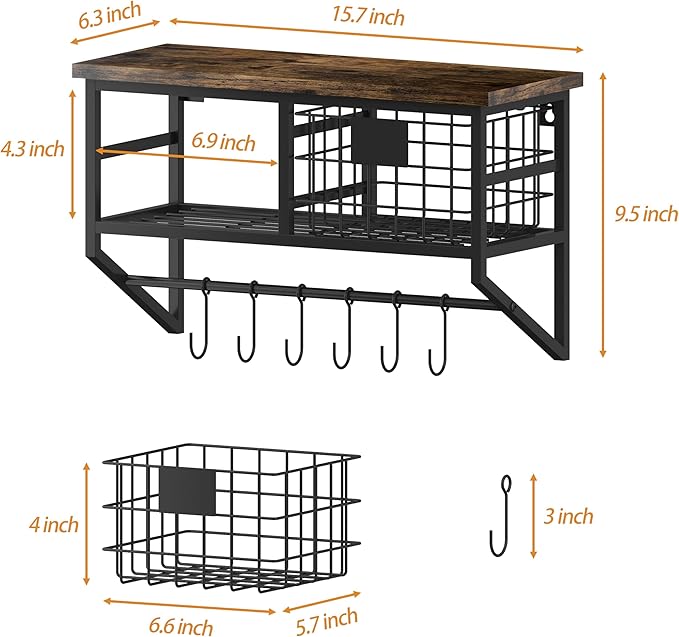 Helsin Industrial Wall Mounted Metal Wood Floating Shelves with Baskets Hooks Hanging Display Shelf Sundries Holder for Coffee Bar Kitchen Bathroom Organization and Home Decor, Black (16inch, 1 Set)