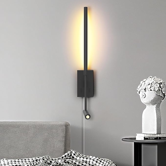 ZEROUNO Modern Plug in Wall Sconce Indoor Wall Light, Minimalist LED Line Wall Lamp with Switch, Adjustable Matte Black Wall lamp for Living Room Bedroom Hallway Reading etc