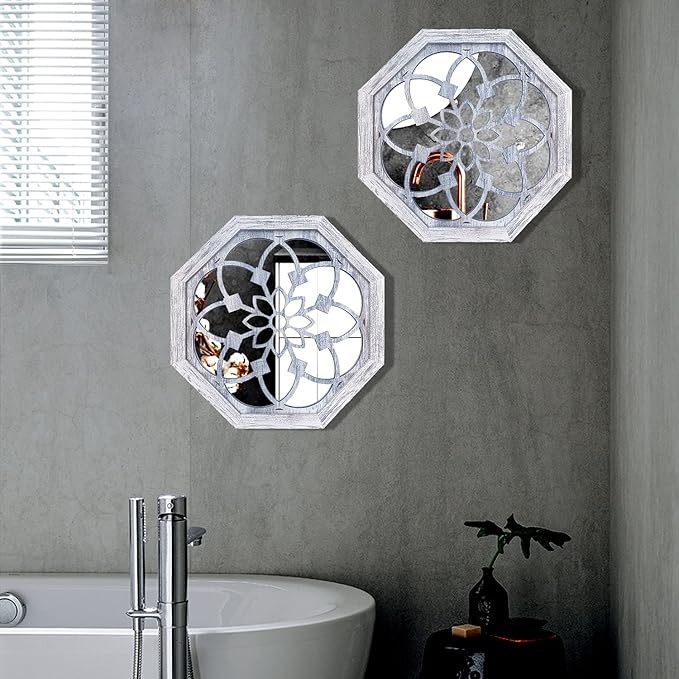 2 PCS Octagon Wall-Mounted Mirrors,Vintage Farmhouse Mirror for Wall Decor,Rustic White Color Decorative Accent Mirror for Foyer, Bathroom, Bedroom. (12”x12”)