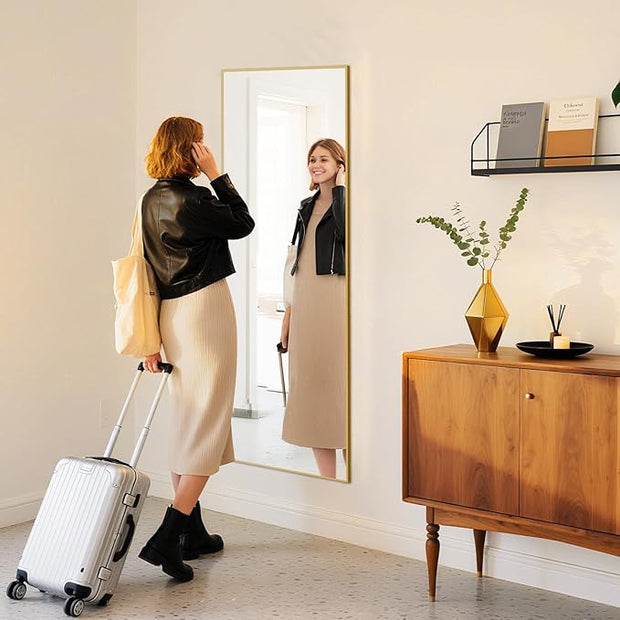 OLIXIS Full Length Gold Mirror 59.1"x16" for Bedroom, Full Body Mirror with Stand, Hanging or Leaning for Wall, Aluminum Alloy Thin Frame Floor Standing for Living Room, Long