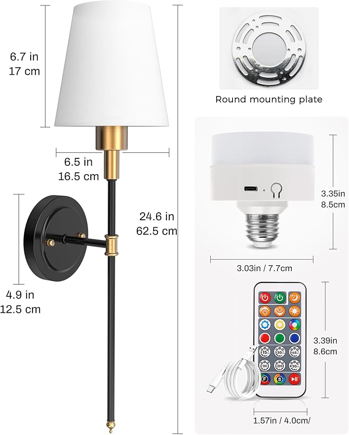 DORESshop Battery Operated Wall Sconce Set of 2, Wireless Wall Light Easy to Install, 7 Color Rechargeable Wall Sconces, Sconce Wall Decor Set of 2 for Bedroom, Living Room, Gold and Black, 24.6in