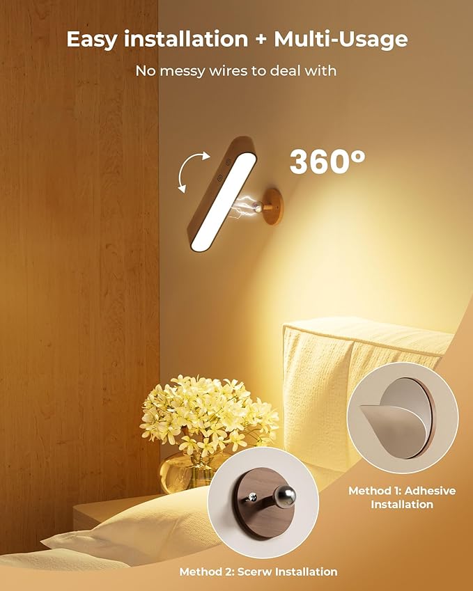 Rechargeable Walnut Wood Wall Sconces Set of Two LED Wall Lights for Bedroom,Touch and Remote Control,360° Rotate Magnetic Wall Light,3 Colors Dimmable Brightness Wall Lamps with 15 RGB Colors, 2 Pack