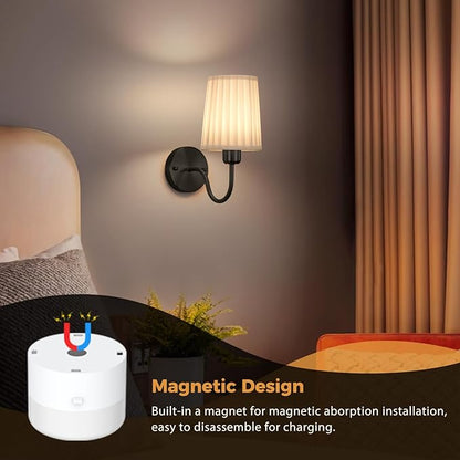 Battery Operated Wall Sconce Set of 2, Rechargeable Wall Sconces with 10000mAh Dimming Magnetic Bulb, Wireless Battery Powered Wall Lights with Pleated for Bedroom Living Room Gallery Hallway,Black