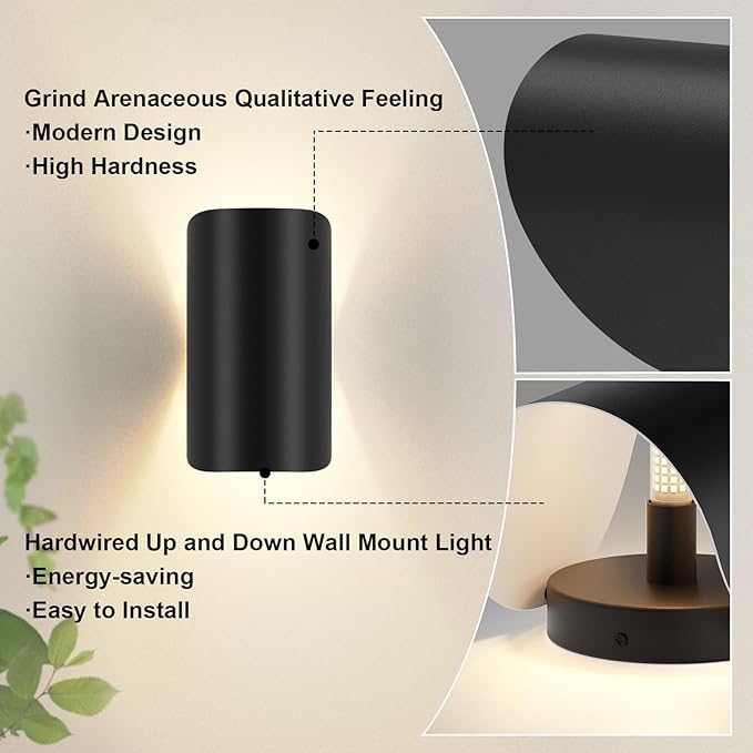 Aipsun Black Modern LED Wall Sconce Indoor Wall Lights 2 Packs Hardwired Up and Down Wall Mount Light for Living Room Bedroom Hallway Corridor Conservatory Warm White 3000K(with G9 Bulbs)