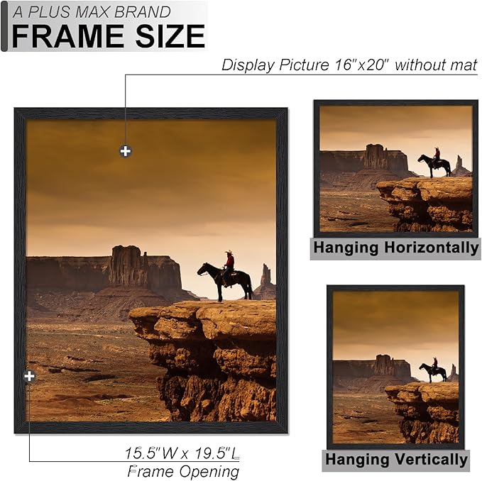 A PLUS MAX 16x20 Picture Frame, Black Engineered Wood Frame for 16 x 20 Inch Picture Poster Photo, Light Weight 16 by 20 Frame with Wood-grain for Wall - 1 Pack/Black/16 x20