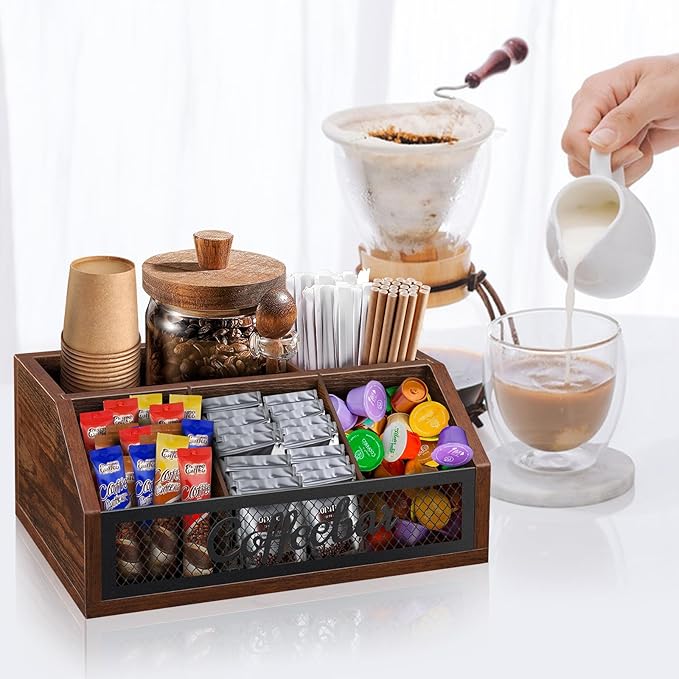 Coffee Station Organizer for Counter, Wood Pods Holder Basket with Removable Dividers, Office Coffee Bar Accessories Decor for Syrup, Cups, Stirrer, Tea