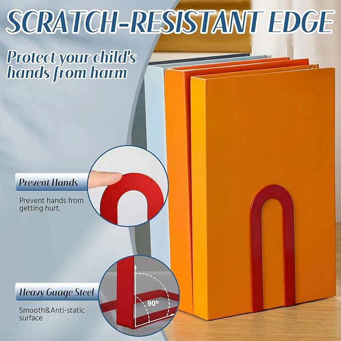 Chunful 6 Pcs Modern Metal Book Ends for Shelves Decorative Small Bookends Book Shelf Organizer Minimalist Design Stopper to Hold Books for Home Office (Red,5.5 * 3.75 * 2.25inch)