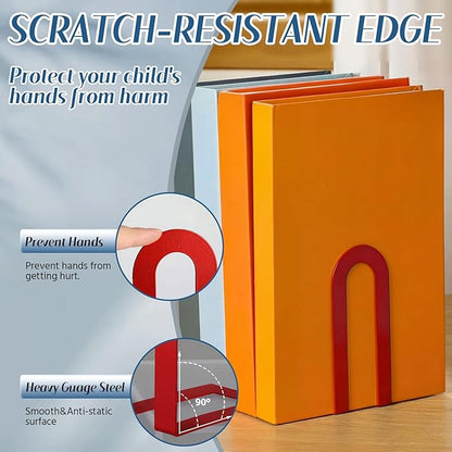 Chunful 6 Pcs Modern Metal Book Ends for Shelves Decorative Small Bookends Book Shelf Organizer Minimalist Design Stopper to Hold Books for Home Office (Red,5.5 * 3.75 * 2.25inch)