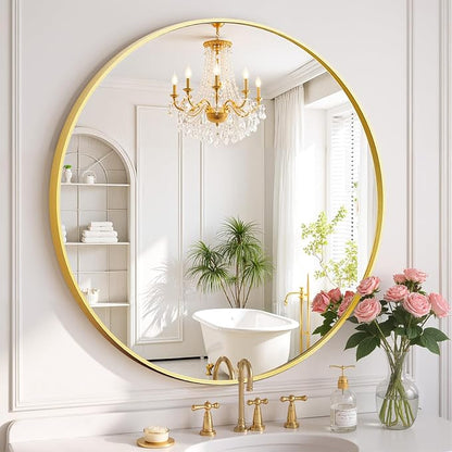 Round Wall Mirror 24 Inch Gold Vanity Mirror with Metal Frame, Modern Circle for Bathroom, Entryway, Bedroom, Living Room, Wall Mounted Decorative Mirrors