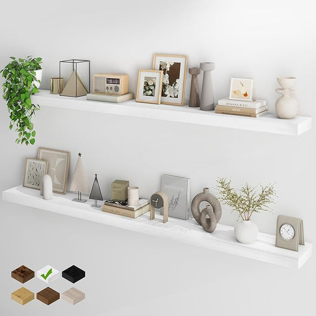 Fun Memories 72Inch Floating Shelves,Wall Mounted Rustic Wood Floating Shelf with Invisible Brackets for Storage & Decor,2 Pack Shelves for Bathroom,Bedroom and Kitchen,White