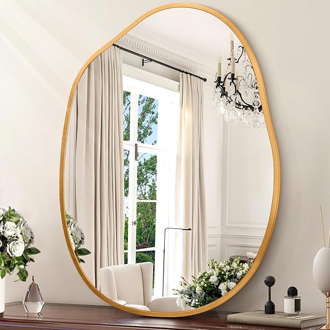 Gold Irregular Wall Mirror Aluminum Alloy Frame Asymmetrical Bathroom Mirrors Brushed Metal Vanity Wall Mounted Mirror for LivingRoom Bedroom Entryway Room Home Decor Large 22
