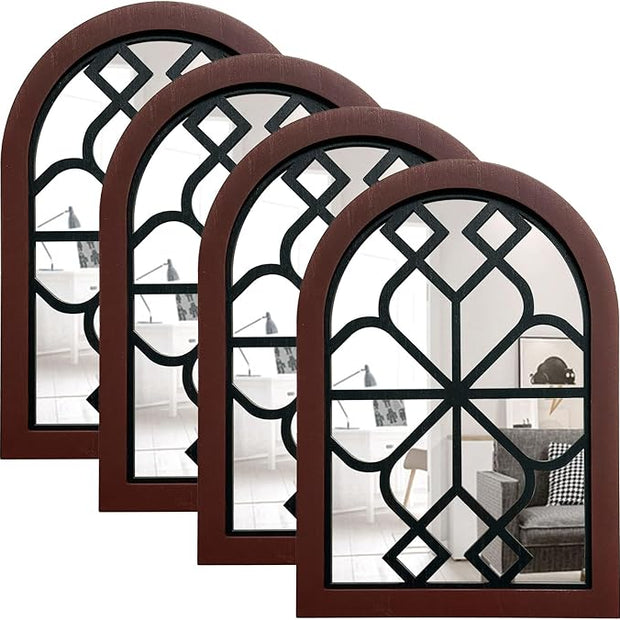 ZEXUIRU Set of 4 Arched Window Wall Mirror Rustic Farmhouse Accent Mirror Wood Framed Entry Wall Decoration for Living Room Bathroom Bedroom Kitchen