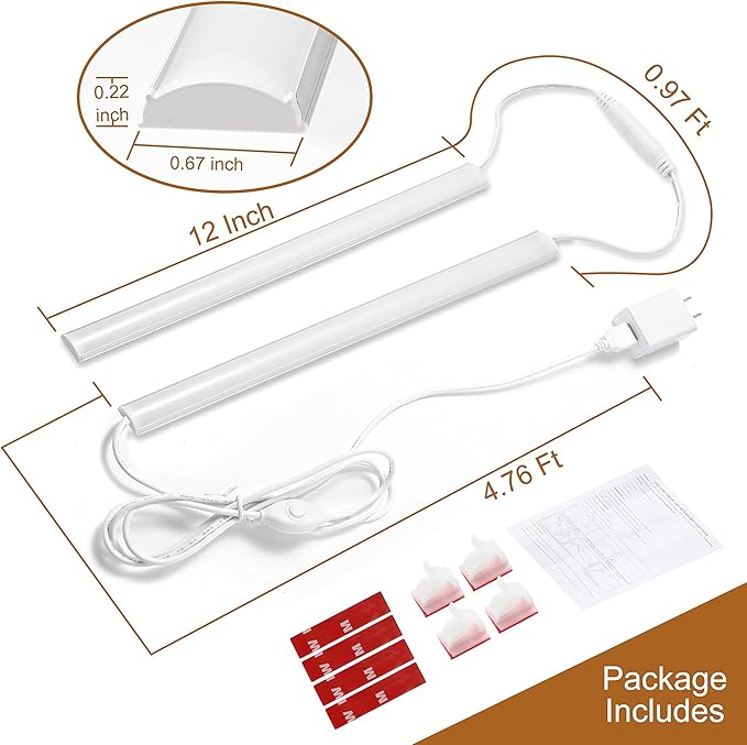 JUSJUBR Plug-in Under Cabinet Lighting, 2pcs 12 Inch Dimmable Closet Light, Cold White 6000K Linkable USB LED Light Bar, Memory Function, Under Counter Lights for Kitchen, Desk, Workspace