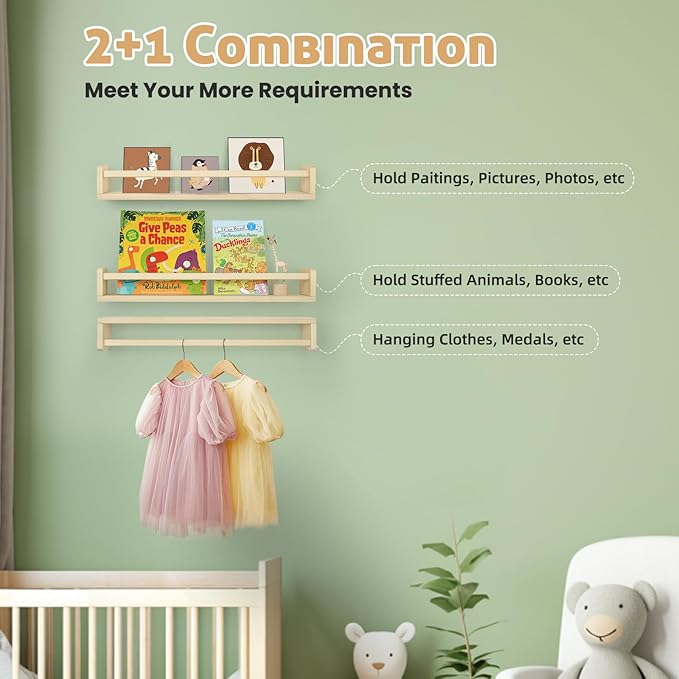 Floating Book Shelves for Wall, 23.6 inch Natural Wood Nursery Shelves for Book Storage, Solid Pine Wooden Floating Bookshelf for Bedroom Living Room, Set of 3, Unfurnished - DIY