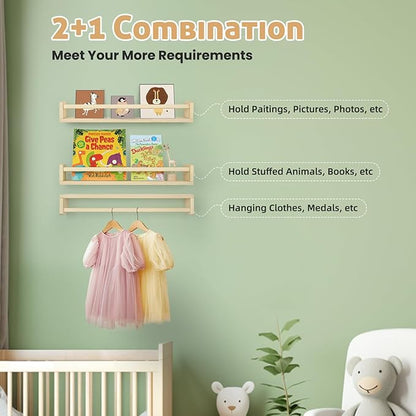 Floating Book Shelves for Wall, 23.6 inch Natural Wood Nursery Shelves for Book Storage, Solid Pine Wooden Floating Bookshelf for Bedroom Living Room, Set of 3, Unfurnished - DIY