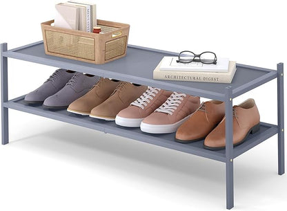 Smiry Bamboo Long Shoe Rack, 2 Tier Shoe Organizer for Entryway & Closet, Stackable Free Standing Storage Shelf for Shoes, Bags & Plants, Grey