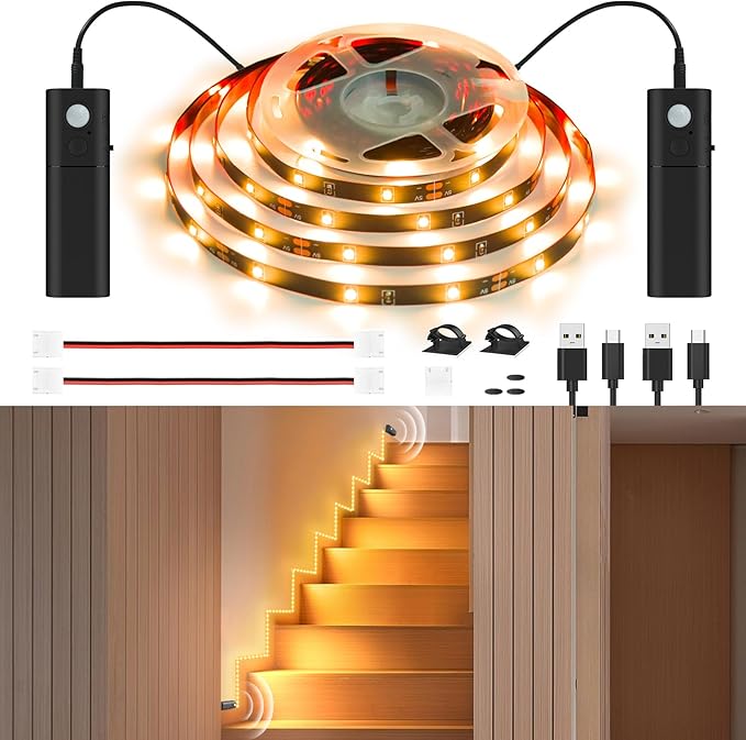 WOBANE Dual Motion Activated LED Strip Light,Rechargeable 16.4ft Light Strip,Battery Powered Tape Light for Under Cabinet,Bed,Shelves,Anywhere,PIR Detector,Cuttable,Flexible,2700K Warm White,Black