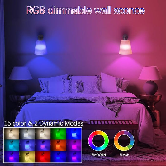 Battery Operated Wall Sconce Set of 2,Gold Rechargeable Wall Lights with Lampshade Dimmable RGB Bulbs and Remote,15 Colors Wireless Wall Lamps for Bedroom Living Room (Black)
