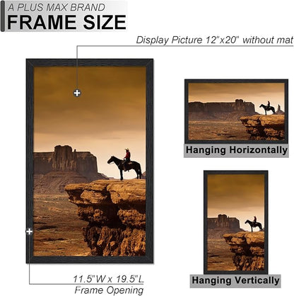 A PLUS MAX 12x20 Picture Frame, Black Engineered Wood Frame for 12 x 20 Inch Picture Poster Photo, Light Weight 12 by 20 Frame with Wood-grain for Wall - 1 Pack/Black/12 x20