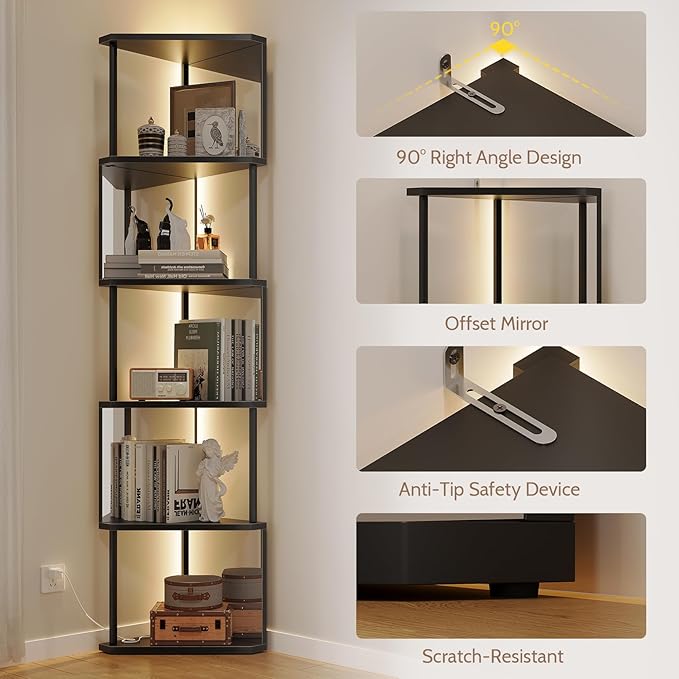 Industrial Corner Shelf with LED Lights & Mirror-Effect Panels, 6-Tier Modern Corner Bookshelf with Remote Control Color-Changing Lights, Space-Saving Display Unit for Bedroom & Living Room