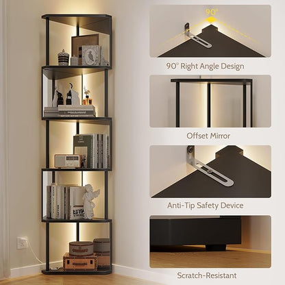 Industrial Corner Shelf with LED Lights & Mirror-Effect Panels, 6-Tier Modern Corner Bookshelf with Remote Control Color-Changing Lights, Space-Saving Display Unit for Bedroom & Living Room